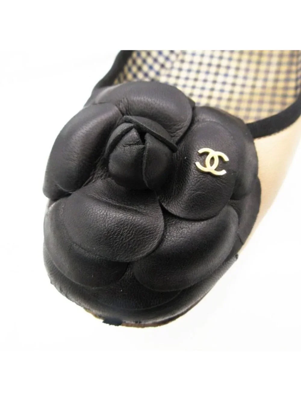 Chanel Pumps Camellia Flats CC Logo Gingham Checkered Leather Shoes Beige